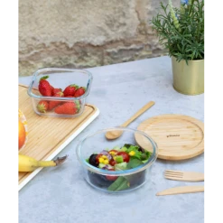 Meilleur prix ???? Boîte de Conservation en Verre et Bambou Rond 620 ml Pebbly ???? -Emile Henry Shop boite de conservation en verre et bambou rond 620 ml pebbly 1